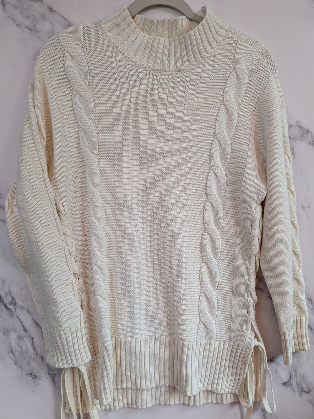 Cream Cable Knit Mock Neck Sweater M Side Lace Up Cozy Preppy